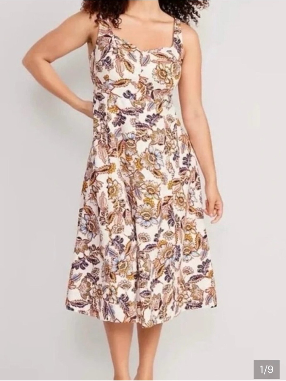 Old Navy White Floral-Print Midi Dress with Blue & Mustard Accents